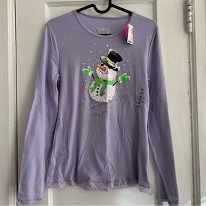 NWT Justice Girls Purple Snowman Long Sleeve Tee Size 18